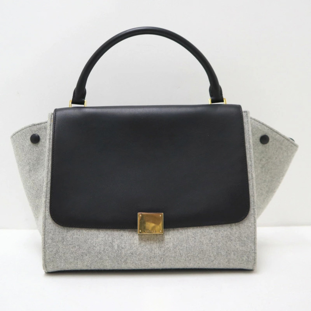 Celine Handbag Gray Black Felt Leather Trapeze Gray Black